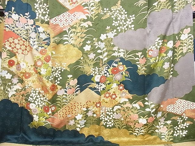 平和屋本店●極上　皇室献上作家　藤井寛　振袖　駒刺繍　八つ橋　風景花文　金彩　着丈170.5cm　裄丈68cm　正絹　逸品　4kk0235