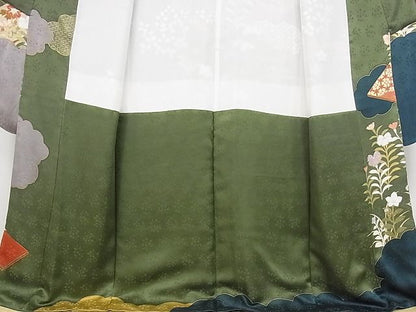 平和屋本店●極上　皇室献上作家　藤井寛　振袖　駒刺繍　八つ橋　風景花文　金彩　着丈170.5cm　裄丈68cm　正絹　逸品　4kk0235