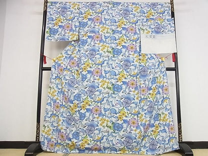 期間限定セール20%off■極上　紅型染　小紋　単衣　草花文　反端付き　ロング丈　着丈171cm　裄丈68.5cm　正絹　逸品　4kk0281