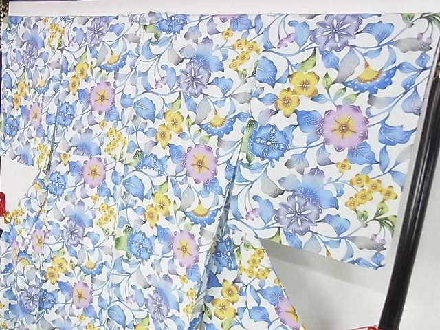 期間限定セール20%off■極上　紅型染　小紋　単衣　草花文　反端付き　ロング丈　着丈171cm　裄丈68.5cm　正絹　逸品　4kk0281