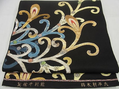 平和屋本店●最高級　龍村平蔵製　本袋帯　天平羽衣錦　黒地　金銀糸　逸品4s448
