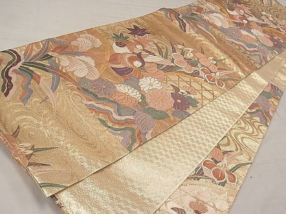 平和屋着物■佐賀錦 六通柄袋帯 流水鴛鴦籬花文 金糸 逸品 id0234