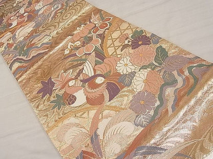 平和屋着物■佐賀錦 六通柄袋帯 流水鴛鴦籬花文 金糸 逸品 id0234