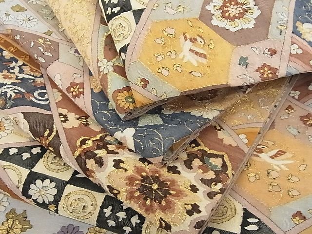 平和屋本店■極上　明綴れ　全通柄袋帯　桧垣吉祥文　金糸　正絹　逸品　4kk10252
