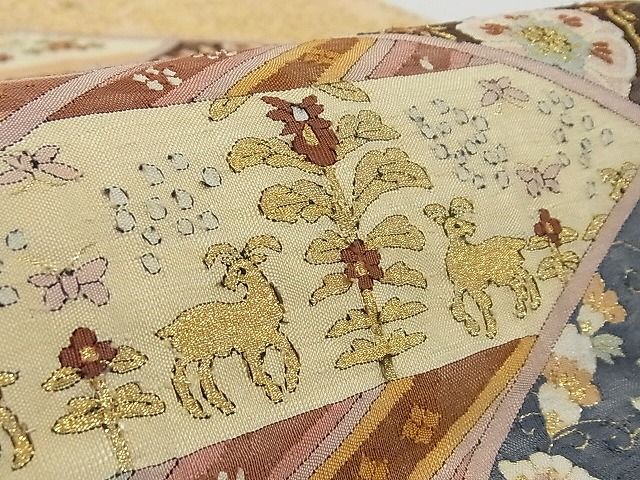 平和屋本店■極上　明綴れ　全通柄袋帯　桧垣吉祥文　金糸　正絹　逸品　4kk10252
