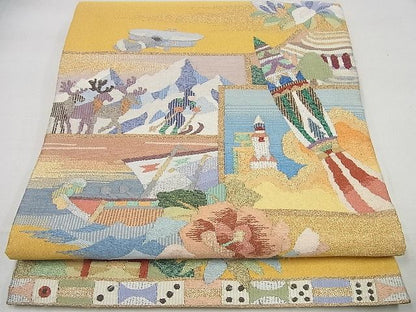 平和屋本店●極上 手織綴れ 山鹿清華 太鼓柄袋帯 人物吉祥風景文 金銀糸 逸品4s513