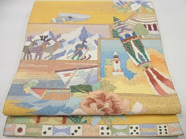 平和屋本店●極上 手織綴れ 山鹿清華 太鼓柄袋帯 人物吉祥風景文 金銀糸 逸品4s513