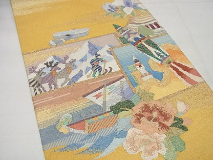 平和屋本店●極上 手織綴れ 山鹿清華 太鼓柄袋帯 人物吉祥風景文 金銀糸 逸品4s513