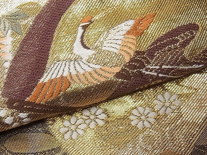 平和屋着物■六通柄袋帯 唐織 扇面飛鶴花文 金糸 逸品 CAAA3113fb