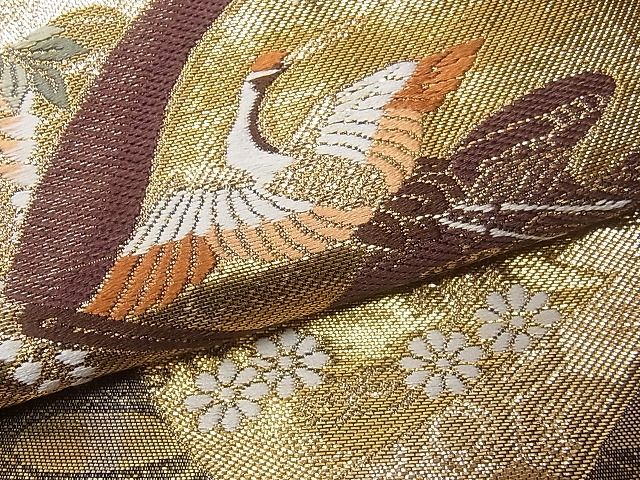 平和屋着物■六通柄袋帯 唐織 扇面飛鶴花文 金糸 逸品 CAAA3113fb