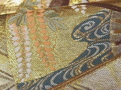平和屋着物■六通柄袋帯 唐織 扇面飛鶴花文 金糸 逸品 CAAA3113fb