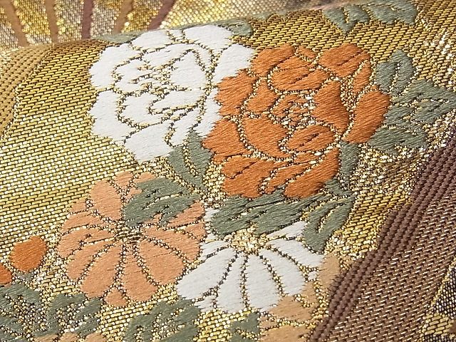 平和屋着物■六通柄袋帯 唐織 扇面飛鶴花文 金糸 逸品 CAAA3113fb
