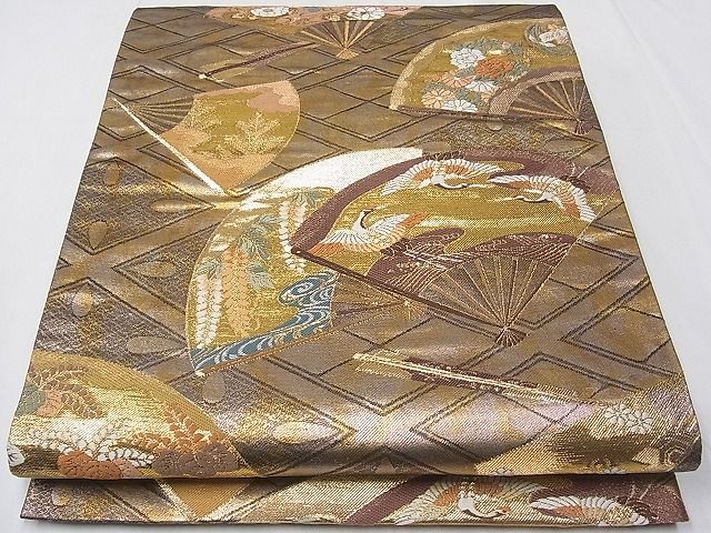 平和屋着物■六通柄袋帯 唐織 扇面飛鶴花文 金糸 逸品 CAAA3113fb