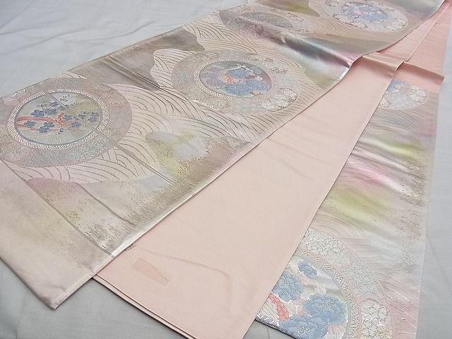 平和屋着物■西陣 六通柄袋帯 唐織 花鳥絵皿 銀糸 逸品 n-te1801