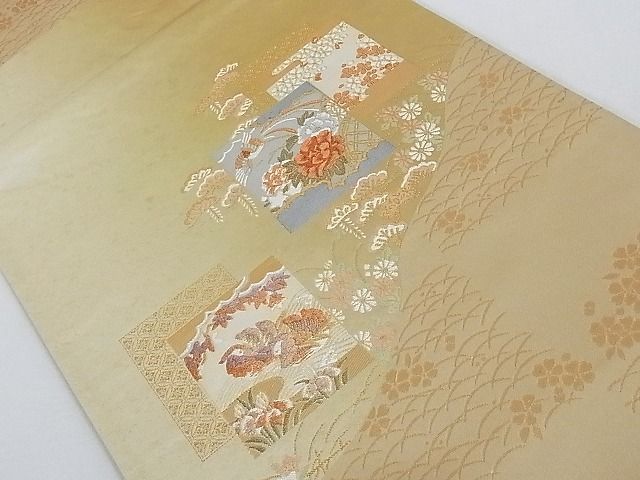 平和屋着物■太鼓柄袋帯 唐織 色紙重ね花鳥文 金糸 正絹 逸品 AAAC2083Aog