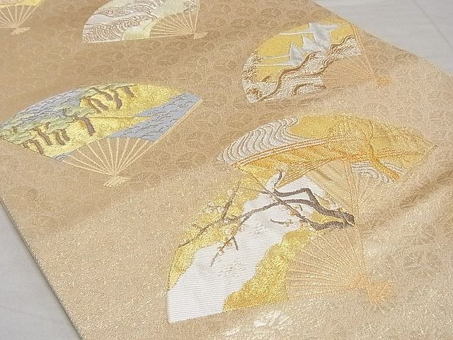 平和屋着物■六通柄袋帯 扇面風景花鳥文 金銀糸 正絹 逸品 AAAC6570Asx