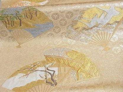 平和屋着物■六通柄袋帯 扇面風景花鳥文 金銀糸 正絹 逸品 AAAC6570Asx
