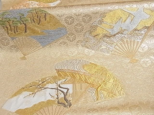 平和屋着物■六通柄袋帯 扇面風景花鳥文 金銀糸 正絹 逸品 AAAC6570Asx