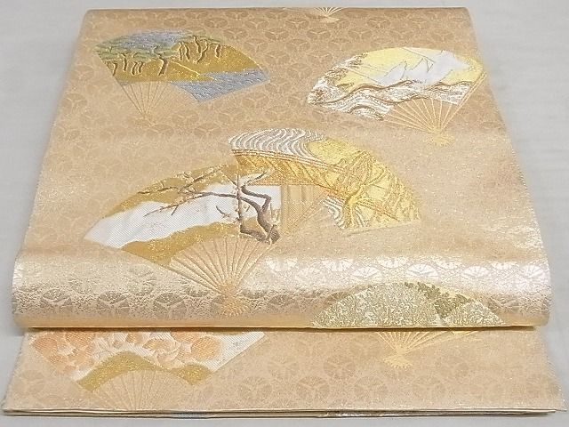 平和屋着物■六通柄袋帯 扇面風景花鳥文 金銀糸 正絹 逸品 AAAC6570Asx