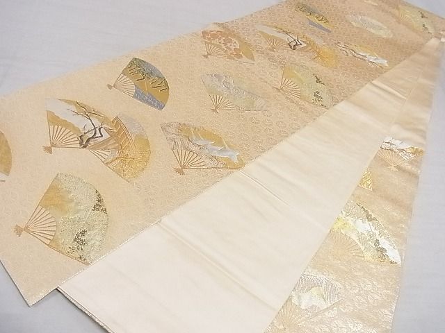 平和屋着物■六通柄袋帯 扇面風景花鳥文 金銀糸 正絹 逸品 AAAC6570Asx
