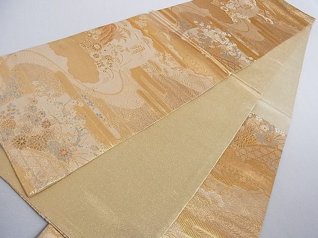 平和屋着物■佐賀錦 六通柄袋帯 エ霞風景花文 金糸 正絹 逸品 AAAC2096Aog