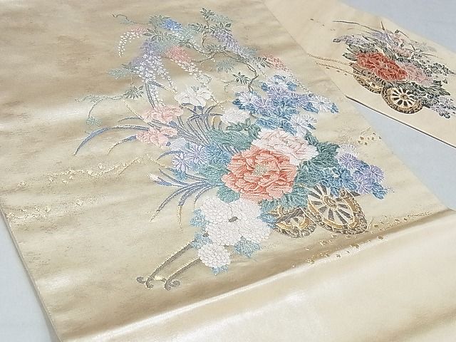 平和屋着物■九寸名古屋帯　唐織　花車文　金糸　正絹　逸品　AAAC2843Ahg