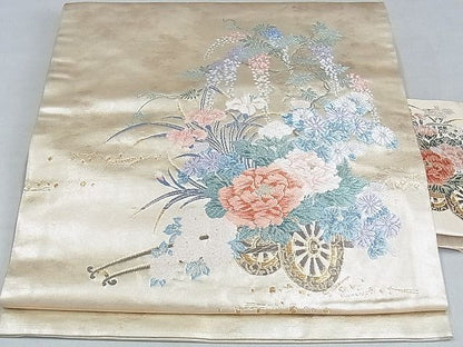 平和屋着物■九寸名古屋帯　唐織　花車文　金糸　正絹　逸品　AAAC2843Ahg