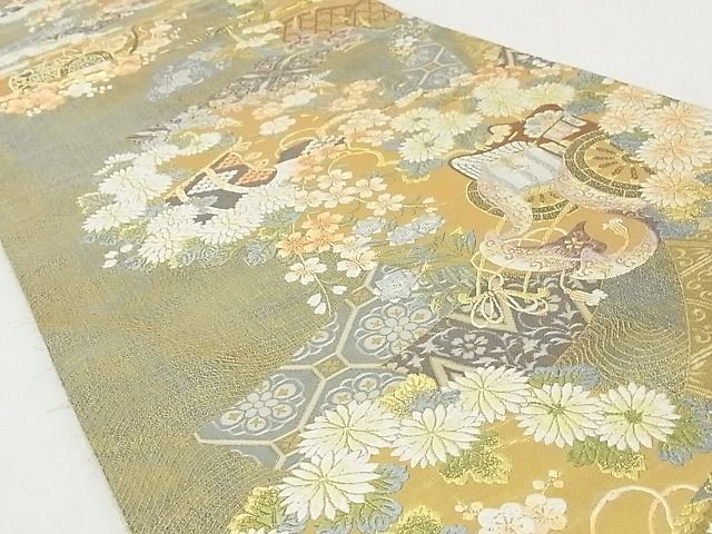 平和屋着物■六通柄袋帯 唐織 御所車草花文 金糸 正絹 逸品 AAAC2768Ahg
