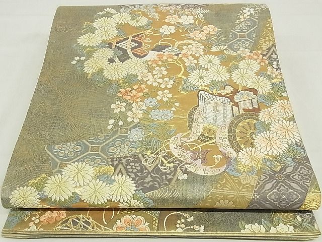 平和屋着物■六通柄袋帯 唐織 御所車草花文 金糸 正絹 逸品 AAAC2768Ahg