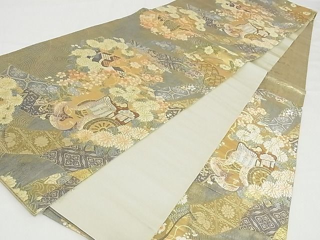 平和屋着物■六通柄袋帯 唐織 御所車草花文 金糸 正絹 逸品 AAAC2768Ahg