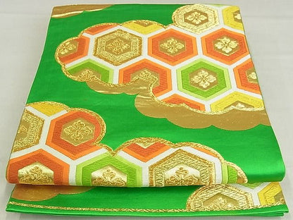 平和屋着物■六通柄袋帯 唐織 雲取り亀甲花文 金糸 正絹 逸品 AAAC2800Ahg