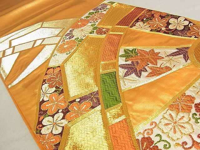 平和屋着物■太鼓柄袋帯　唐織　源氏車花文　金糸　正絹　逸品　AAAC2805Ahg