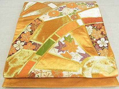 平和屋着物■太鼓柄袋帯　唐織　源氏車花文　金糸　正絹　逸品　AAAC2805Ahg