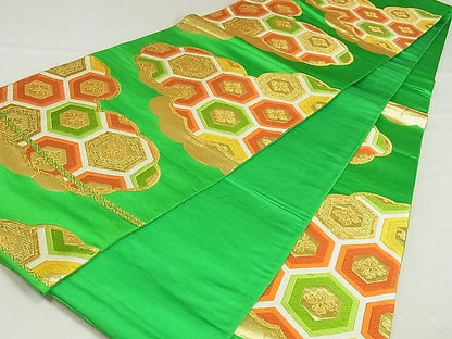 平和屋着物■六通柄袋帯 唐織 雲取り亀甲花文 金糸 正絹 逸品 AAAC2800Ahg