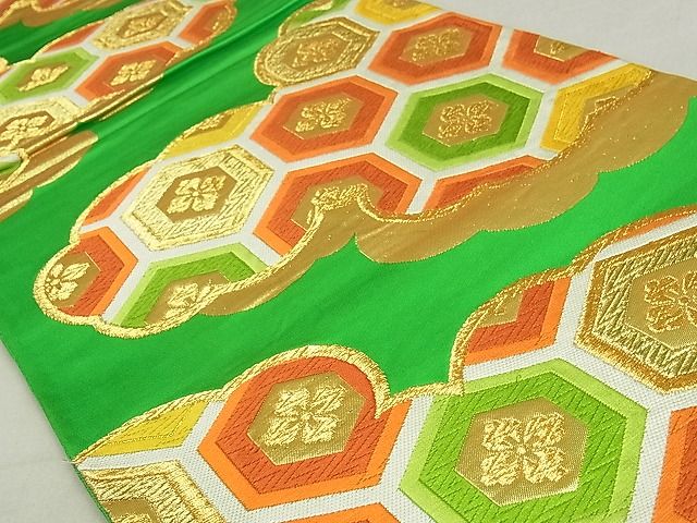 平和屋着物■六通柄袋帯 唐織 雲取り亀甲花文 金糸 正絹 逸品 AAAC2800Ahg