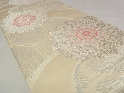 平和屋着物■六通柄袋帯　唐織　正倉院花文　銀糸　正絹　逸品　AAAC1589Apf