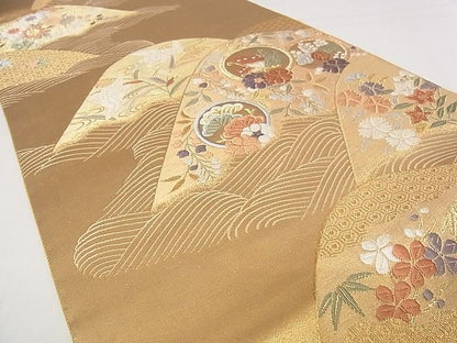 平和屋着物■六通柄袋帯 唐織 飛鶴花蝶丸文 正絹 逸品 AAAC1587Apf