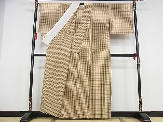平和屋本店▽極上　伊兵衛織　工芸手織　単衣　格子　正絹　逸品　KAAA0404kk4