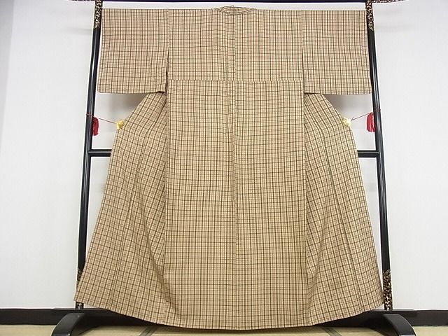 平和屋本店▽極上　伊兵衛織　工芸手織　単衣　格子　正絹　逸品　KAAA0404kk4
