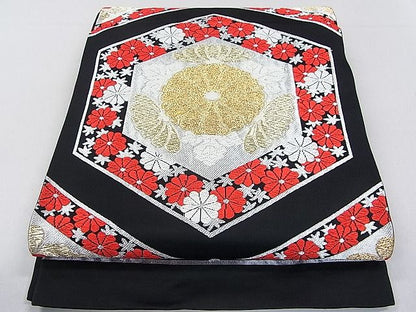 平和屋着物■六通柄袋帯 唐織 亀甲菊花文 黒地 金銀糸 逸品 DAAA8108fe