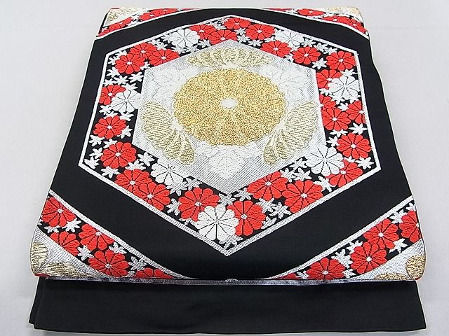 平和屋着物■六通柄袋帯 唐織 亀甲菊花文 黒地 金銀糸 逸品 DAAA8108fe