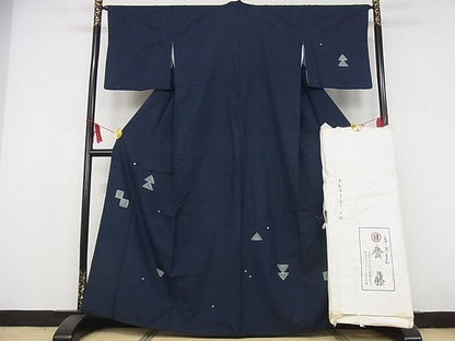 平和屋本店●極上 京都祇園の老舗 ぎをん齋藤 綿薩摩 訪問着 本藍染 駒刺繍 幾何学文様 たとう紙付き 木綿 逸品 KAAA0474kk4