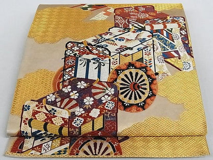 平和屋着物■六通柄袋帯 唐織 雲取り御所車文 金糸 正絹 逸品 AAAC2173Aog