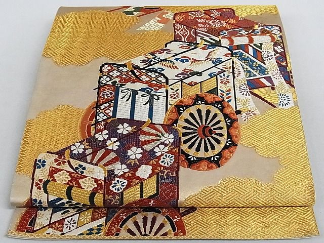 平和屋着物■六通柄袋帯 唐織 雲取り御所車文 金糸 正絹 逸品 AAAC2173Aog