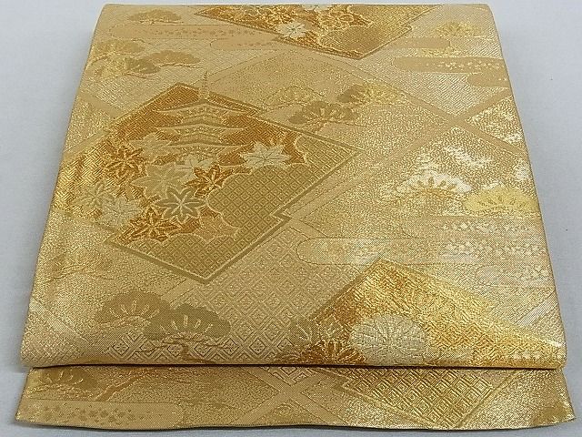 平和屋着物■佐賀錦 六通柄袋帯 松皮菱風景花文 金糸 正絹 逸品 AAAC2166Aog
