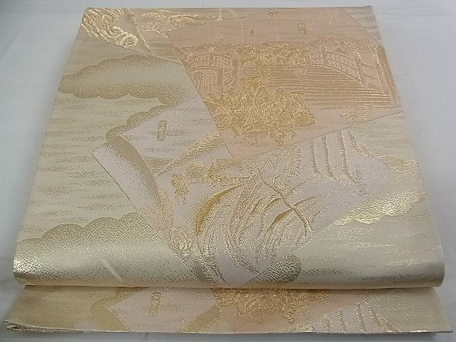 平和屋着物■六通柄袋帯 色紙重ね人物風景文 金糸 逸品 DAAB0075ud