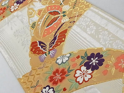 平和屋着物■六通柄袋帯 唐織 雪輪花蝶文 金銀糸 正絹 逸品 AAAC2194Aog