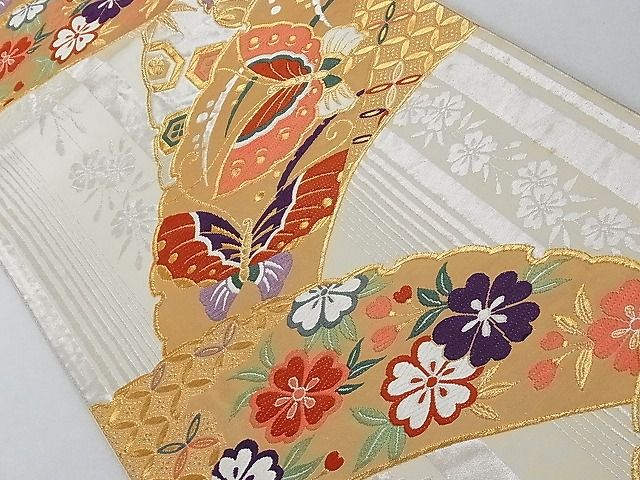 平和屋着物■六通柄袋帯 唐織 雪輪花蝶文 金銀糸 正絹 逸品 AAAC2194Aog