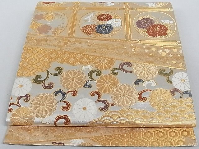 平和屋着物■六通柄袋帯 吉祥錦 吉祥花丸文 腹紋別柄 金糸 正絹 逸品 AAAC2175Aog