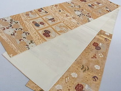 平和屋着物■六通柄袋帯 吉祥錦 吉祥花丸文 腹紋別柄 金糸 正絹 逸品 AAAC2175Aog